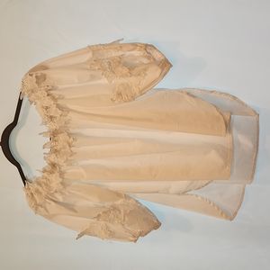 White cotton on or off shoulder elbow length embroidered lace at neck/shoulder